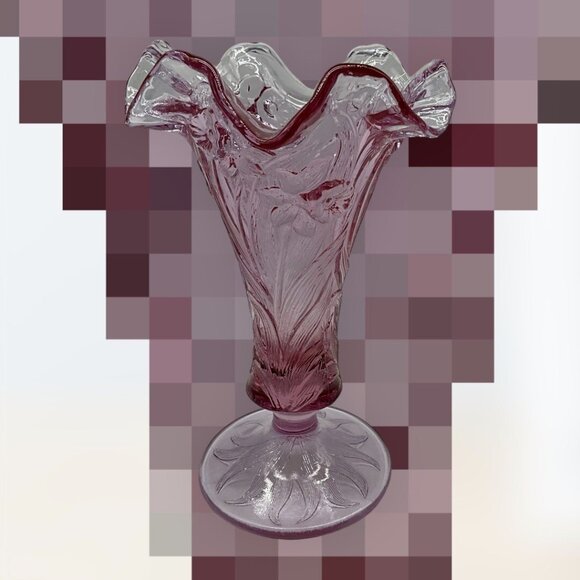 FENTON Vtg  Daffidil Floral Vase w/ Ruffled Edge & Footed Rose Pink Unique Color - Picture 7 of 16